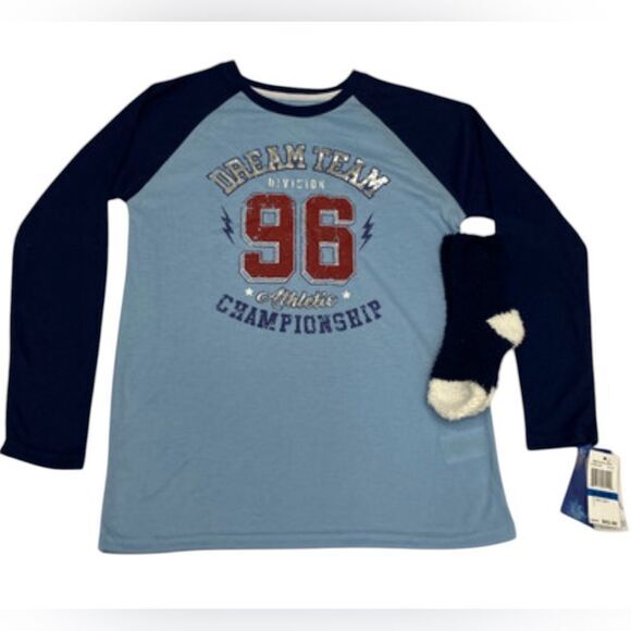 NWT Olivia & Max Girls Blue Pajama Top with Socks “Dream Team” - Size 8/10 - Picture 1 of 7